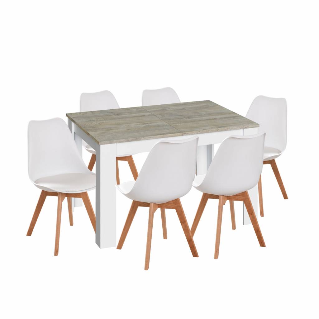 PACK TABLE EXTENSIBLE NORDIK ALASKA ET 6 CHAISES NEW TOWER WOOD WHITE